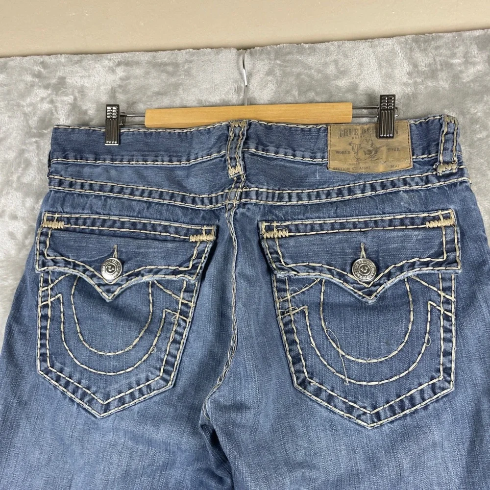True Religion Straight Jeans Mens 36 Blue Pre-owned Thick Stitch Flap